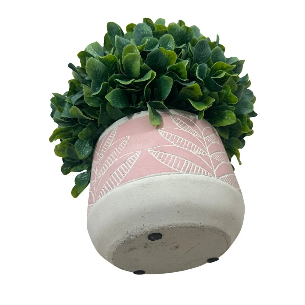 Artificial Boxwood Topiary Ball in Pink Etched Leaf‎ Ceramic Pot 10in Green Faux